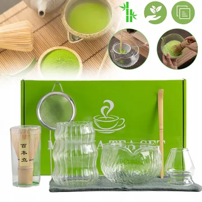 Produktbild von Matcha Teezeremonie Set, Matcha Schneebesen, Glas Schale, Teelöffel, Tasse, Sieb, Teetuch, Premium Japanese Matcha Tea Set - 7-teilig