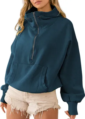 Image de ASKSA Sweat à capuche femme Manches longues Casual Unicolore Hoodie Pull Sweatshirt Haut avec fermeture éclair, Bleu, L