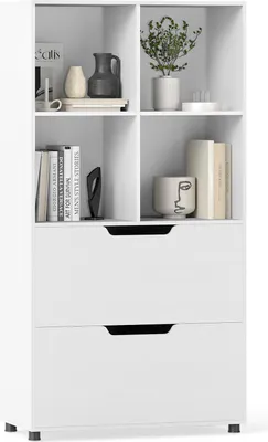 A white bookshelf with four open cubes on top and two drawers on the bottom, displaying decorative items and books.