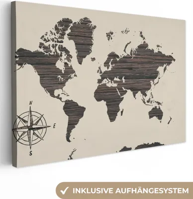 Produktbild von OneMillionCanvasses® - Leinwandbilder - 150x100 cm, Weltkarte - Holz - Kompassrose, Wandbilder Kunstdruck Wanddekoration