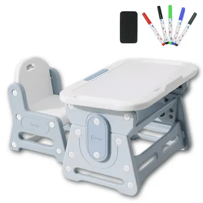Immagine prodotto di Tavolo per bambini regolabile in altezza con sedia - piano inclinabile - ergonomico, stabile e sicuro - set da tavolo per bambini per imparare, dipingere e mangiare