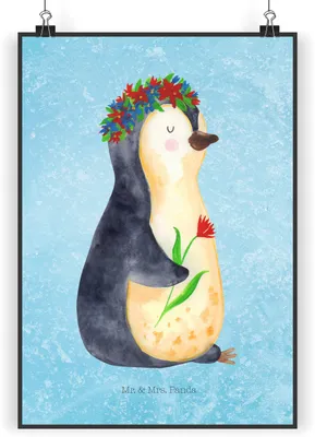 Produktbild von Mr. & Mrs. Panda Bild Pinguin Blumen DIN A4 - Eisblau - Geschenk, Geschenkidee, Motivation, Liebeskummer, Wunderschön, kunstdruck poster, wanddeko, Plakat, drucke