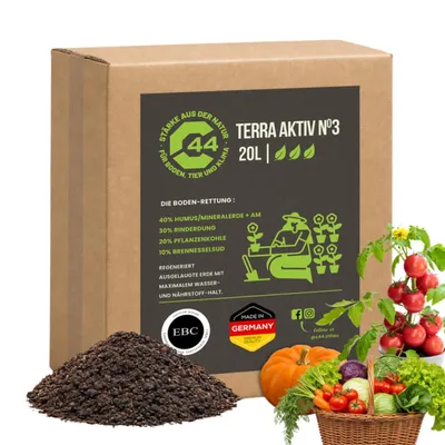 Produktbild von Terra Aktive Nr.3 Bodenverbesserer 20L - mit 40% Humus, 30% Rinderdung & 20% Pflanzenkohle mit 10%  Bodenaktivator für Pflanzenwachstum | C44-Zittau