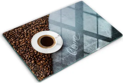 Produktbild von Glasschneideplatte - Herdabdeckplatte - 80x52 cm -Schneidebrett - Spritzschutz -Kaffeebohnen und Tasse