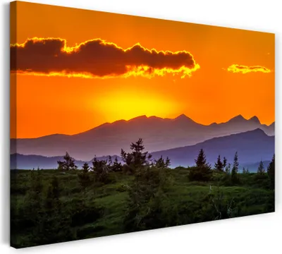 Produktbild von Leinwandbild (120x80cm): grüner Wald vor blauen Bergen und rot gelber Sonnenuntergang, echter Holz-Keilrahmen inkl. Aufhänger, handgefertigt in Deutschland