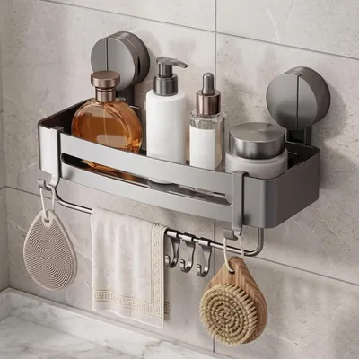 Produktbild von Duschablage ohne Bohren mit Saugnapf, Aluminium, mit Handtuchstange & 4 Haken, 10 kg Tragkraft
