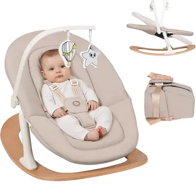 Immagine prodotto di Sdraietta Lionelo Celia Rocker con schienale regolabile, dalla nascita fino a 9 kg, cintura a 5 punti e arco giochi con cuscino Wood Natural