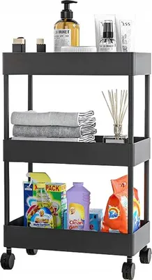 A black three-tier rolling cart filled with various household cleaning and personal care products.