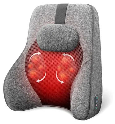 Produktbild von Rückenstützkissen für Bürostuhl und Auto, Lendenwirbelstützkissen mit 4 Shiatsu-Massageköpfen und Heizfunktion, Memory-Schaum-Rückenstützkissen, Grau