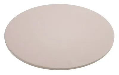 A round, light gray pizza stone on a white background.