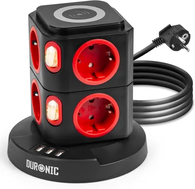 Produktbild von Duronic ET8W Mehrfachsteckdose | Steckdosenwürfel mit 3 USB Ports und Wireless Charging | 8-Fach Steckdose 3680W 16A | Steckdosenleiste mit Überspannungsschutz | Steckdosenturm mit 1,8 m Kabel