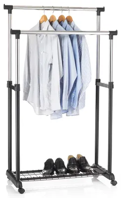 Produktbild von Garderobenwagen GROSSO Kleiderständer Rollgarderobe Garderobenständer , mit Schuhablage, 2 Kleiderstangen, höhenverstellbar, Metallrohr verchromt, in schwarz