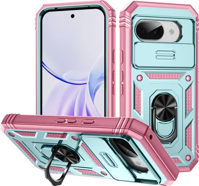 Produktbild von Hülle für Google Pixel 9A, Schiebe Kamera Schutz Stoßfest Schutzhülle mit Ringhalterung Ständer Türkis