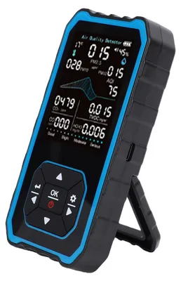 Zdjęcie produktu dla Przenośny monitor jakości powietrza 10 w 1: PM2.5, PM10, PM1.0, CO2, CO, HCHO, TVOC, temperatura, wilgotność. Detektor powietrza do użytku w pomieszczeniach. Kolor: niebieski, czarny