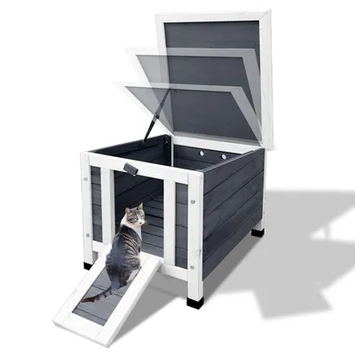 Produktbild von Lion D'or® – Katzenhaus für Draußen – Katzenhaus – Katzenhütte – 42x44x43 CM – Katzenklo – Holz – Wetterfest – Weiß/Grau