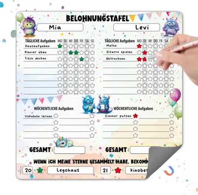 Produktbild von Magnetische Belohnungstafel Kinder – Monster Design, Platz für 2 Kinder, mit täglichen & wöchentlichen Aufgaben | Routine Planer Kinder für Morgen- & Abendroutine | 29,7 x 29,7 cm, abwischbar