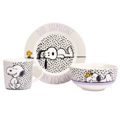 Produktbild von The Peanuts Frühstücksset Snoopy - Did someone say food! Geschirr Set 3-teilig Teller, Schale & Tasse aus Porzellan Weiß