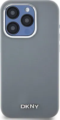 Produktbild von DKNY Flüssigsilikon Silber Metall Logo MagSafe Hülle für iPhone 15 Pro Grau