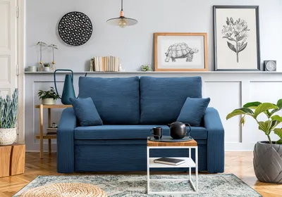 A blue sofa is displayed in a well-lit room with decorative items on a shelf behind it.