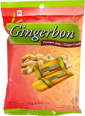 A bag of Gingerbon ginger candy with images of ginger roots and candy wrappers.