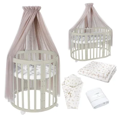 Image de Waldin Lit de bébé OWAL Lit d'enfant 7en1 avec matelas, lit évolutif pour enfants,Tissus Taupe Branches,Bois olive