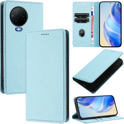 Produktbild von Litchi Leder Handyhülle für Infinix Note 12 (2023)/Note 12 Pro 4G Wallet Kartenfächer Standfunktion Hülle Hellblau