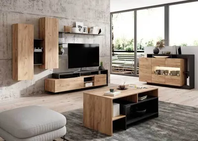 A modern living room with a TV unit, coffee table, and a sideboard.