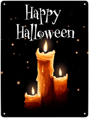 Produktbild von Metallschild XXL in 28x38 cm mit gruseligem Kerzen Motiv und Happy Halloween