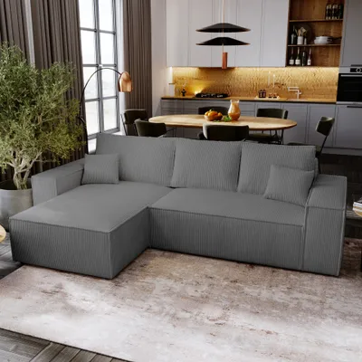 Produktbild von Ecksofa mit Schlaffunktion Majorka L - Sofa 280 cm mit Bettkasten, Ecksofa L-Form, Schlafsofa Couchgarnitur - Dunkelgrau & Poso 60