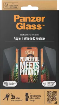 Productafbeelding van PanzerGlass Privacy Ultra-Wide Fit Anti-Bacterial Screenprotector incl. applicator voor de Apple iPhone 15 Pro Max