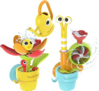 Two bath toys, a flower and a snail, are shown against a white background. Water is splashing around them.