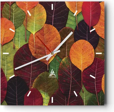 Produktbild von Wanduhr - Quadrat - Glasuhr - Herbst Blätter Grafiken - 30x30cm - Schleichendes Uhrwerk - Lautlos - zum Aufhängen bereit - Dekoration Modern - Wanddekoration aus Glas - C3AC30x30-4635