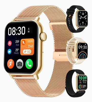 Produktbild von Siltcon Smartwatch Pro Herren und Damen mit Telefonfunktion – 1,85 Zoll AMOLED, 123 Sportmodi und Schrittzähler – 4 Armbänder – Gold