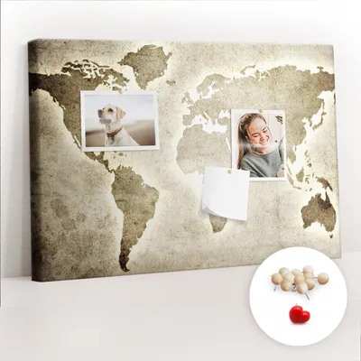 Immagine prodotto di Pannello forato in sughero - Bacheca con puntine per foto e appunti - 60x40 cm - Spille di legno, 100 pezzi - Mappa del mondo