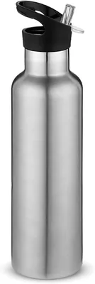 Produktbild von Trinkflasche 750 ml, Edelstahl mit Strohhalm, doppelwandig, vakuumisoliert, fuer Schule und Sport