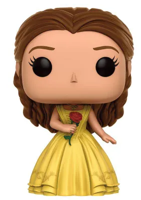 A Funko Pop! vinyl figure of Belle from Disney's Beauty and the Beast, holding a red rose.