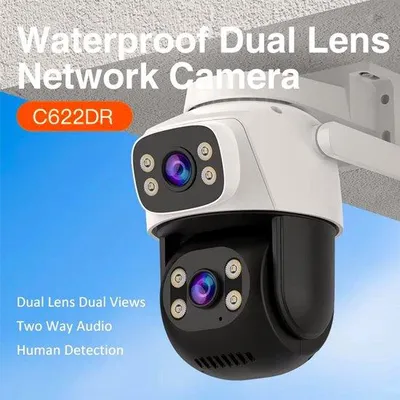 Immagine prodotto di Telecamera Wi-Fi da esterno con doppio obiettivo, telecamera di rete Full HD con visione notturna e rilevamento del movimento