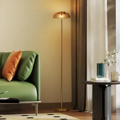 Produktbild von LED Stehlampe Messing Vintage - Moderne Stehleuchte mit Glasschirm 3000K Warmweiß, Fußschalter, Standleuchte für Wohnzimmer & Schlafzimmer, 134 cm.