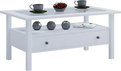 Zdjęcie produktu dla Drewniany stół boczny ze szkłem bezpiecznym ESG | Stolik kawowy prosty | Wymiary ok. H. 42 x W. 90 x D. 54 cm | Stół do salonu z szufladą | Sofa - Lingis L