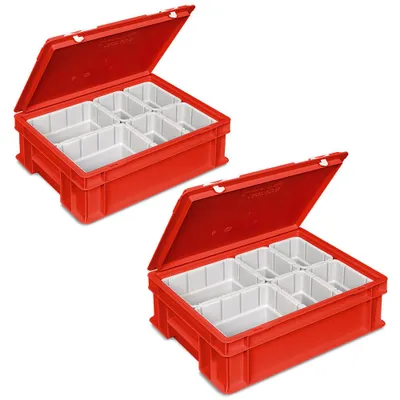 Produktbild von 2x Euro-Deckelbehälter mit 6 Einsatzkästen, LxBxH 400x300x130 mm, rot