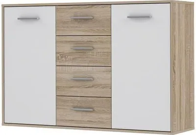 Produktbild von Niedriges Sideboard mit 2 Türen und 4 Schubladen – Weiß und Sonoma-Eiche – 122,6 x 34,2 x 81,1 cm