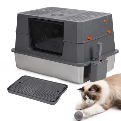 Image de Litière pour chat en acier inoxydable Ikodm, modèle XXL, dimensions 71 x 51 x 43 cm, semi-ouverte avec trappe latérale, grande litière pour chats de grande taille, couleur gris et noir