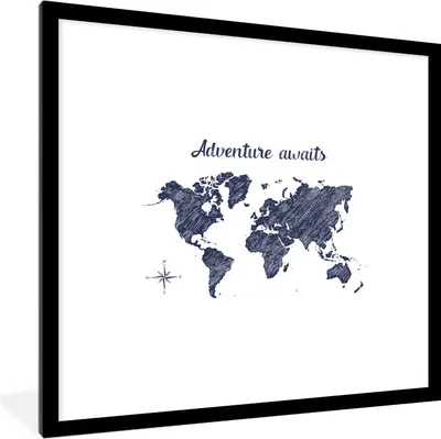 Produktbild von MuchoWow® MuchoWow® Gerahmtes Poster Weltkarte - Zitat - Blau 40x40 cm - Poster mit zchwarzem Bilderrahmen - Poster - Plakat im Rahmen