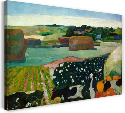 Produktbild von Leinwandbild (100x70cm): Paul Gauguin - Heuhaufen in der Bretagne, echter Holz-Keilrahmen inkl. Aufhänger, handgefertigt in Deutschland