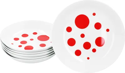 Produktbild von 6er Set Pula rot Punkte Suppenteller 450ml Porzellan 6 Pers. tiefe Teller Pasta gepunktet