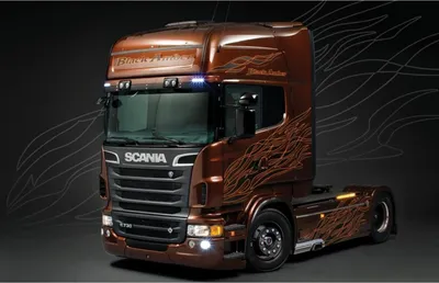 A studio shot of a custom painted Scania R730 V8 truck.