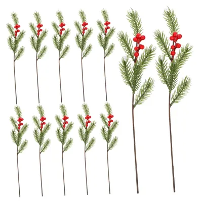 Produktbild von 12 Stück Künstliche Kiefernzweige mit Nadeln und Beeren für Weihnachtsdekoration und Kranzgestaltung
