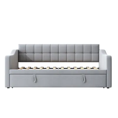 Produktbild von Merax Polsterbett Tagesbett Ausziehbar 90x190 Auf 180 Cm, Schlafsofa 2-in-1 mit USB Anschluss, Samt, Gästebett Bis 300 Kg, Grau