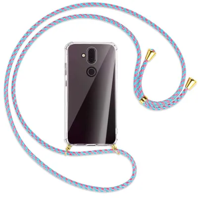 Produktbild von Handykette Backcover-Schutzhülle mit Band (Metall goldfarben) für Nokia 8.1 - pink/mint