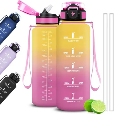 Produktbild von Sportflasche 1.5 l, mit Strohhalm und Zeitmarkierung, für Fitness, ausfallsicher